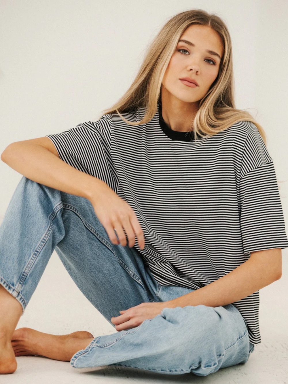 BNWT Brunette The Label Black & White Striped Boxy Tee